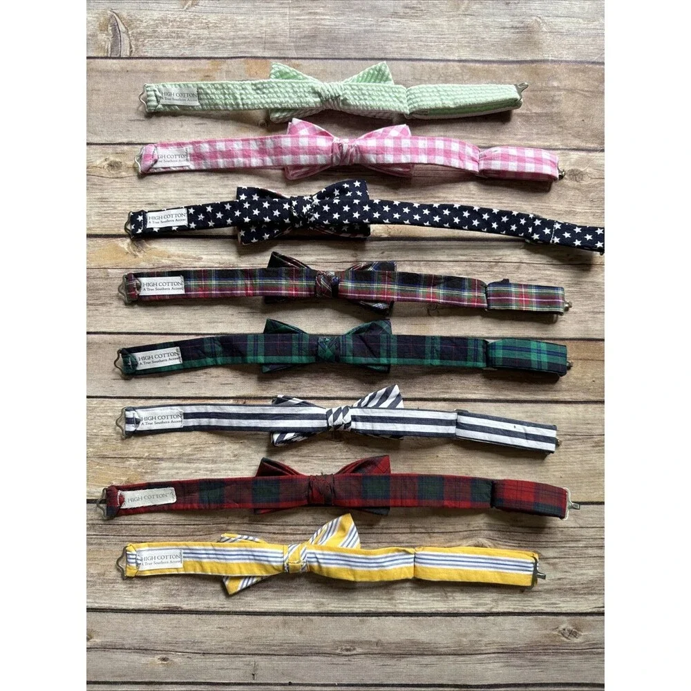 Youth Kids High Cotton Bow Tie Adjustable Lot of 8 Preppy Pink Flag Green Plaid